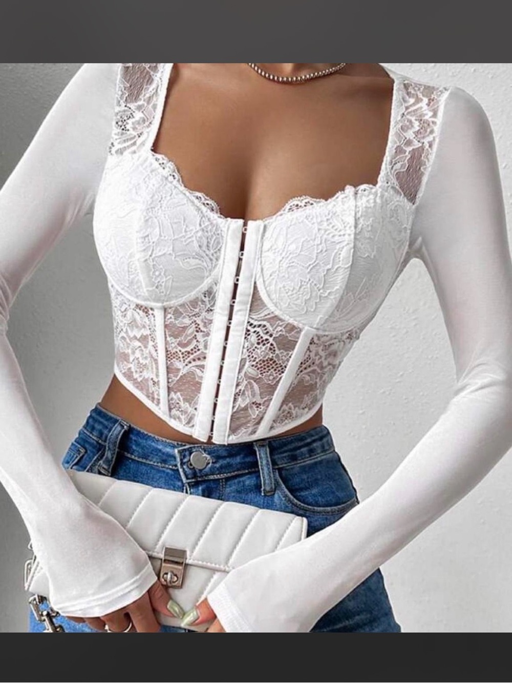 White Lace Long-Sleeve Corset Top